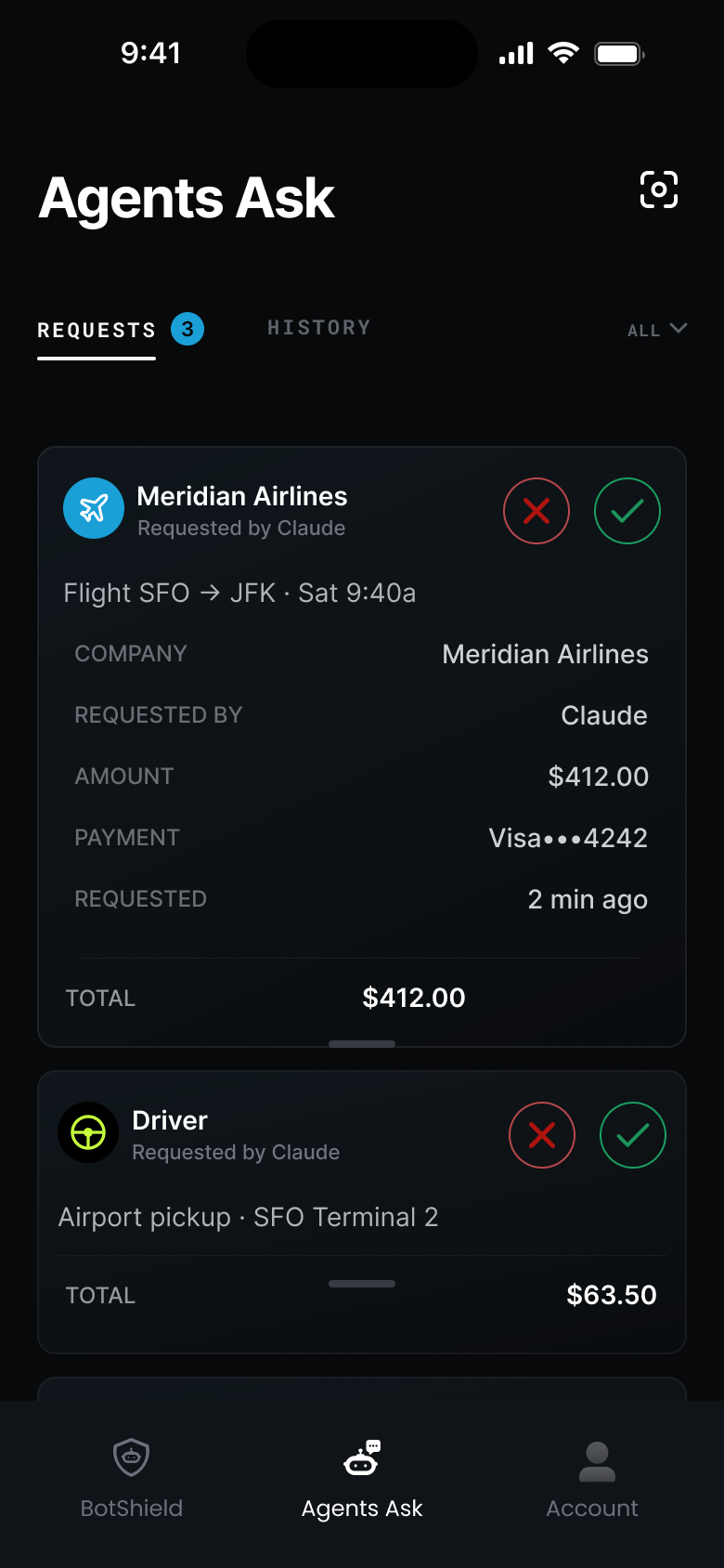 The BotShield app — one agent request opened: the company, who asked, the amount and the card