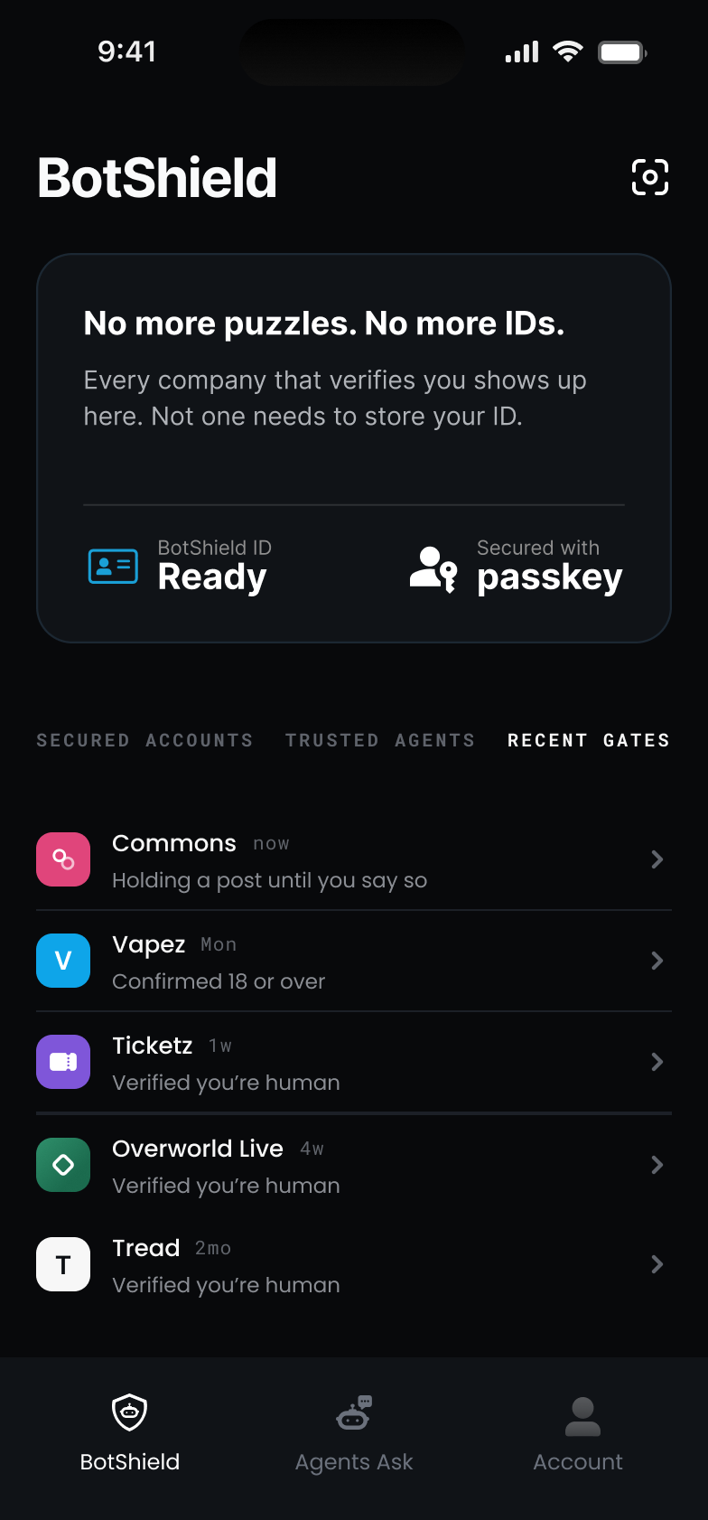 The BotShield app — BotShield ID ready, with Recent Gates: the companies that checked, including one age check