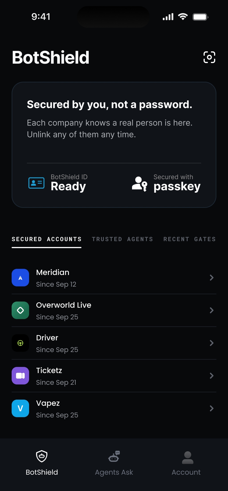 The BotShield app — Secured Accounts: one row per platform, each secured by you, not a password